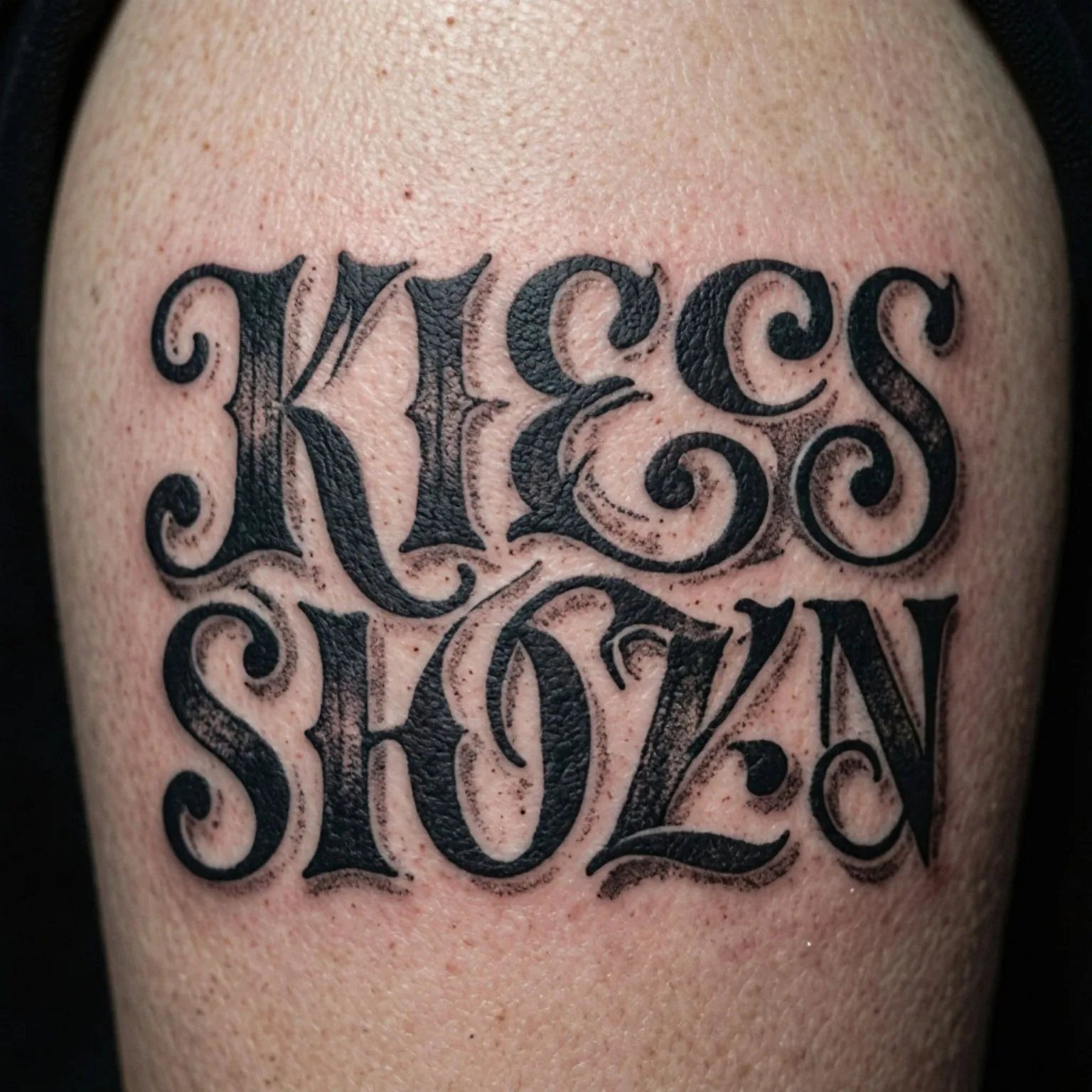 Татуировка KISS SHOT в стиле blackletter